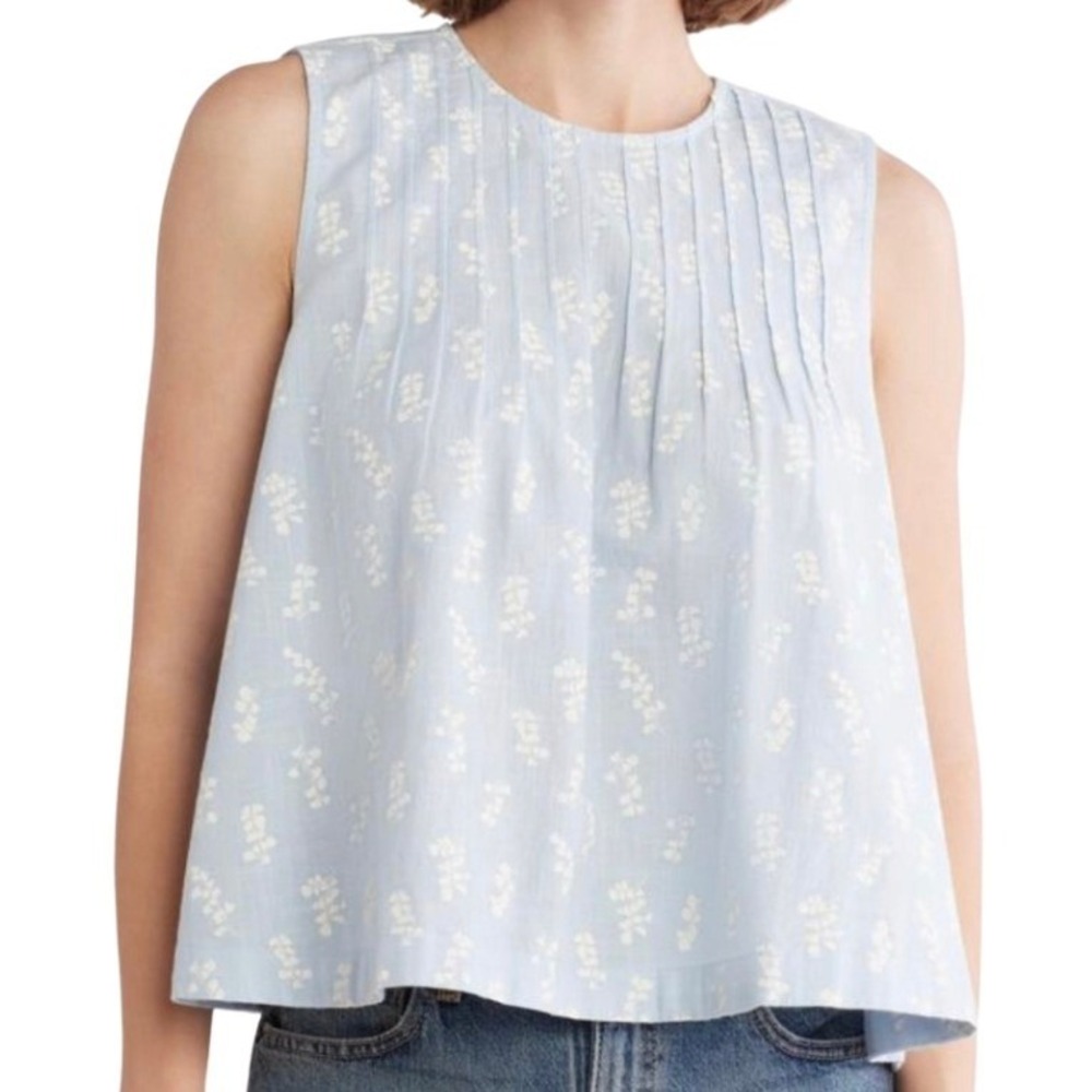 Melrose and Market Blue Floral Pintuck‎ Sleeveless Cotton Flowy Top Size Small